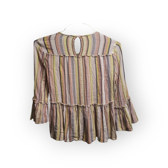 Miami 100% Rayon Yellow & Pink Striped Bell Sleeve Top Boho Artistic Bohemian Sm - Picture 2 of 7